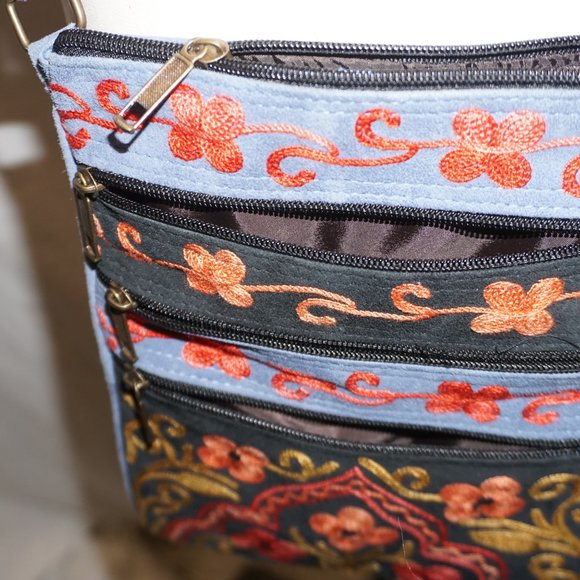 Floral Embroidered suede 5 zip crossbody festival boho bag RAYZ multi function - Picture 3 of 9